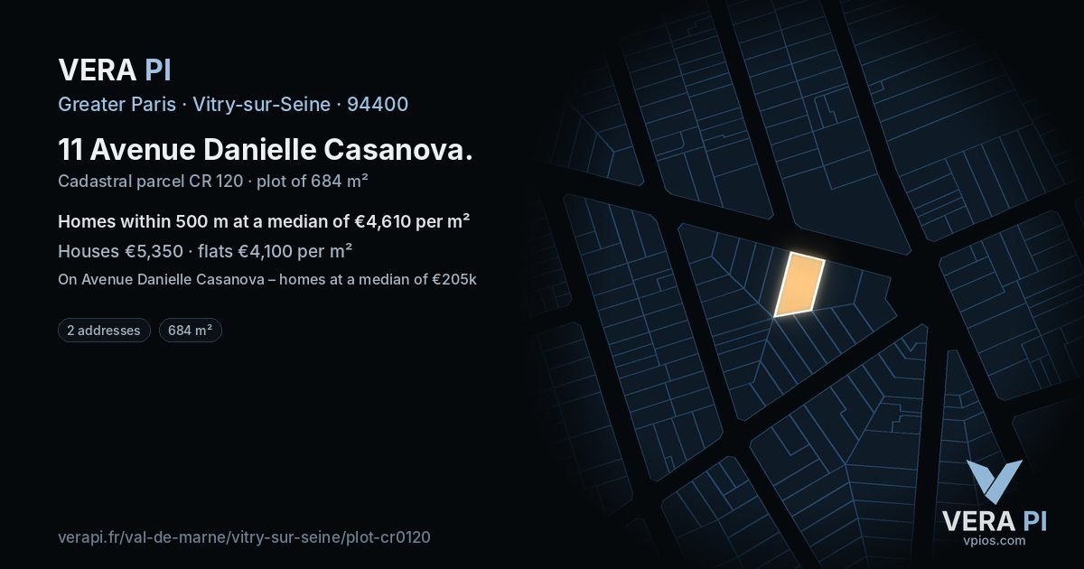 11 Avenue Danielle Casanova, Vitry-sur-Seine at night – the plot lit, the parcels around coloured by the prices near them