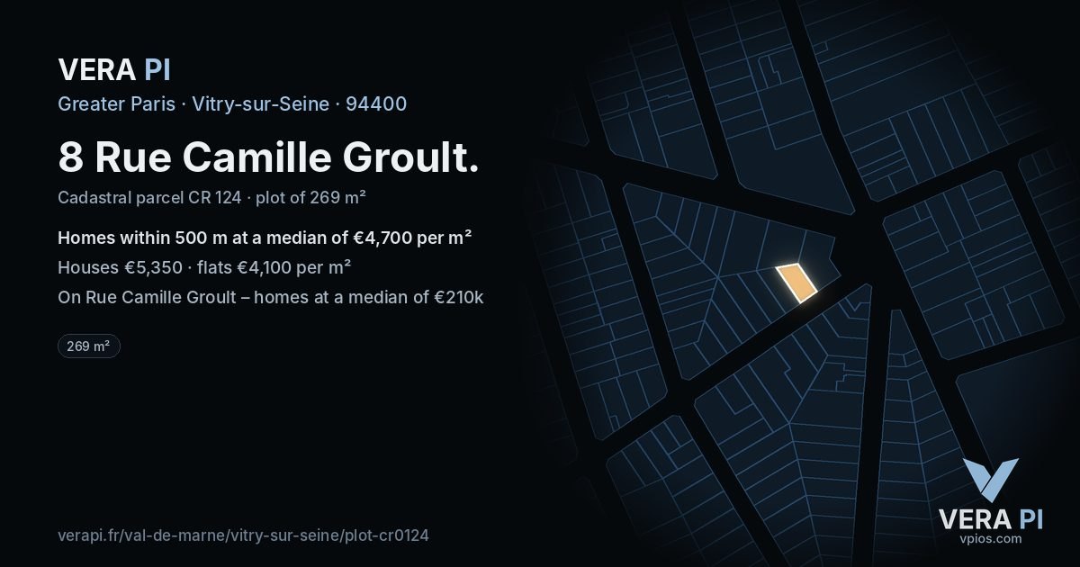 8 Rue Camille Groult, Vitry-sur-Seine at night – the plot lit, the parcels around coloured by the prices near them