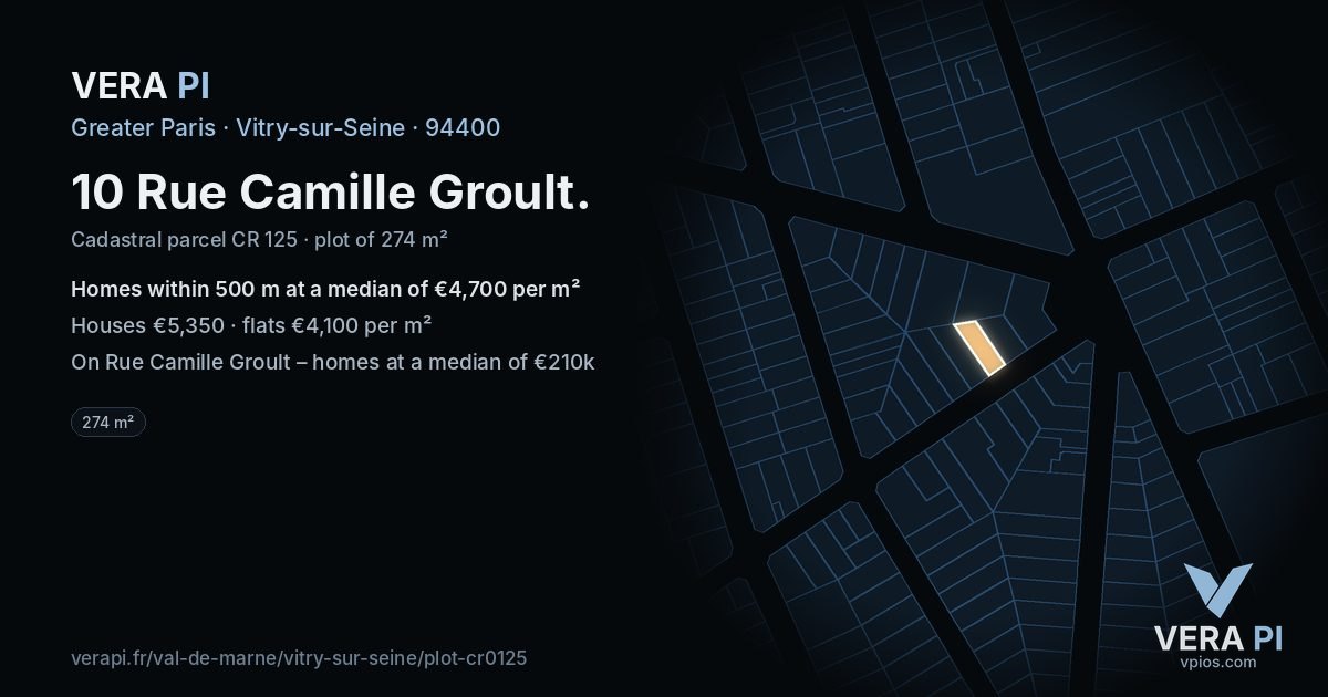 10 Rue Camille Groult, Vitry-sur-Seine at night – the plot lit, the parcels around coloured by the prices near them