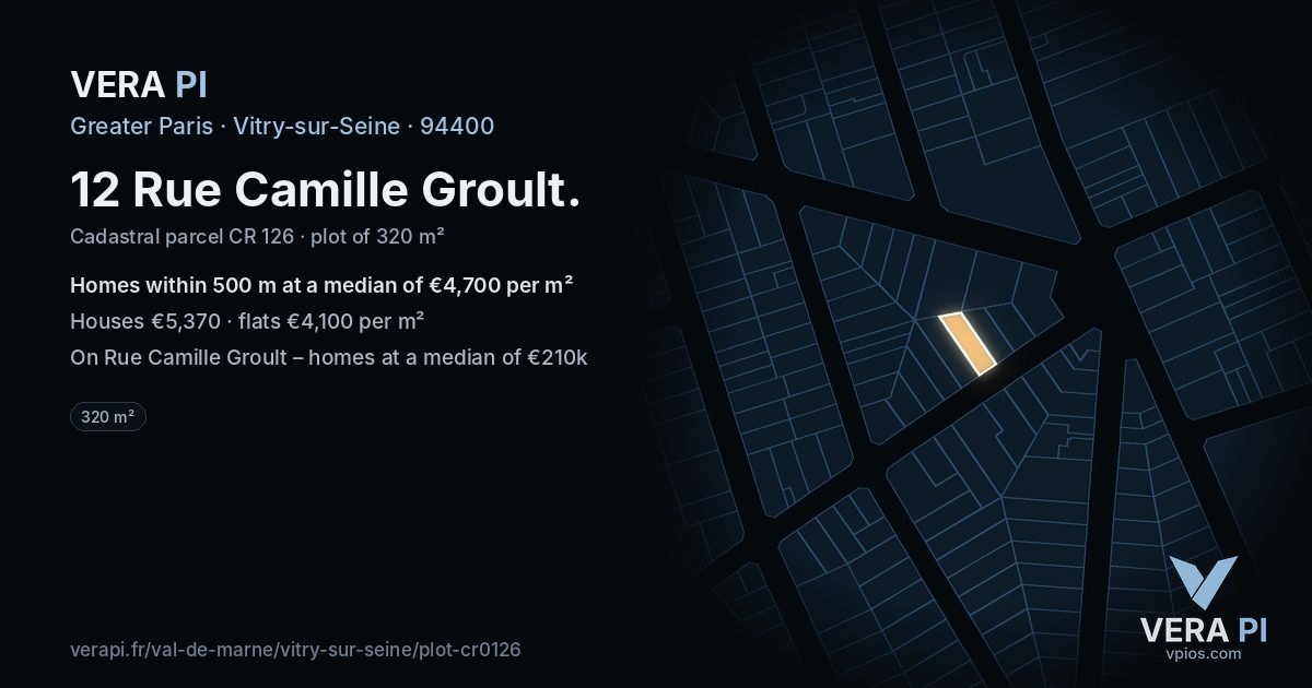 12 Rue Camille Groult, Vitry-sur-Seine at night – the plot lit, the parcels around coloured by the prices near them