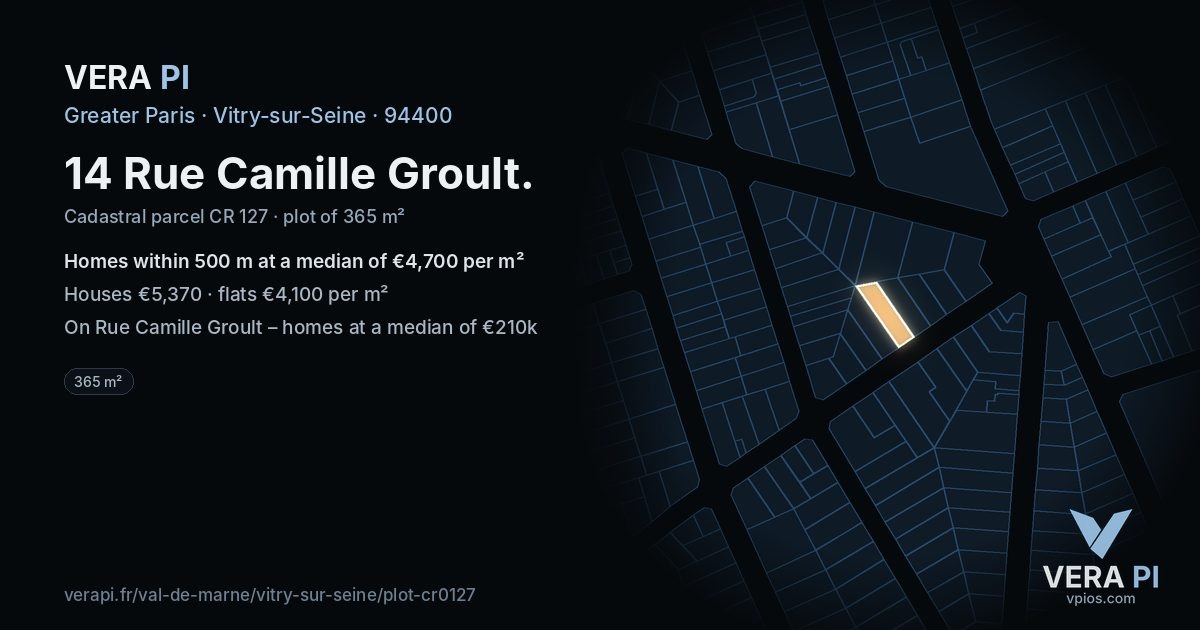 14 Rue Camille Groult, Vitry-sur-Seine at night – the plot lit, the parcels around coloured by the prices near them