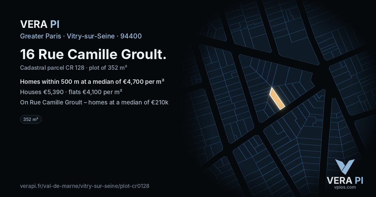 16 Rue Camille Groult, Vitry-sur-Seine at night – the plot lit, the parcels around coloured by the prices near them