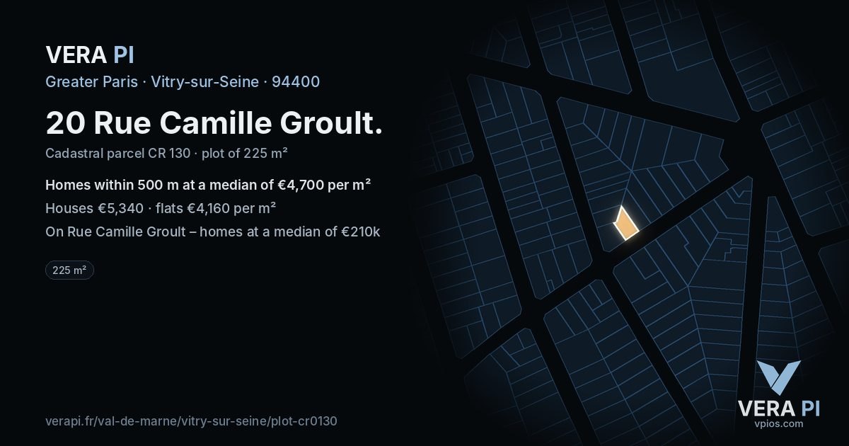 20 Rue Camille Groult, Vitry-sur-Seine at night – the plot lit, the parcels around coloured by the prices near them