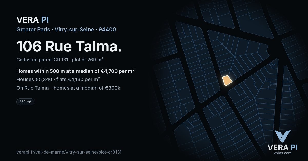 106 Rue Talma, Vitry-sur-Seine at night – the plot lit, the parcels around coloured by the prices near them