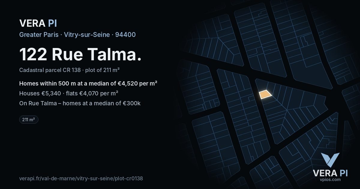 122 Rue Talma, Vitry-sur-Seine at night – the plot lit, the parcels around coloured by the prices near them