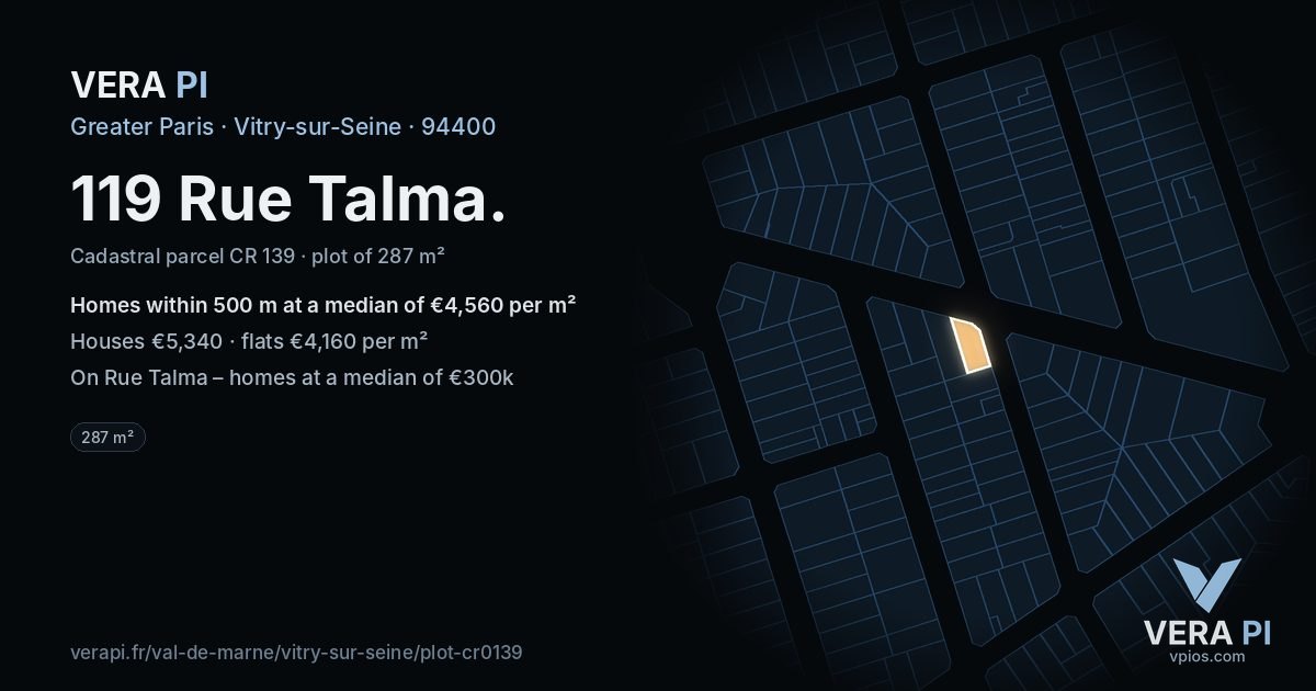 119 Rue Talma, Vitry-sur-Seine at night – the plot lit, the parcels around coloured by the prices near them
