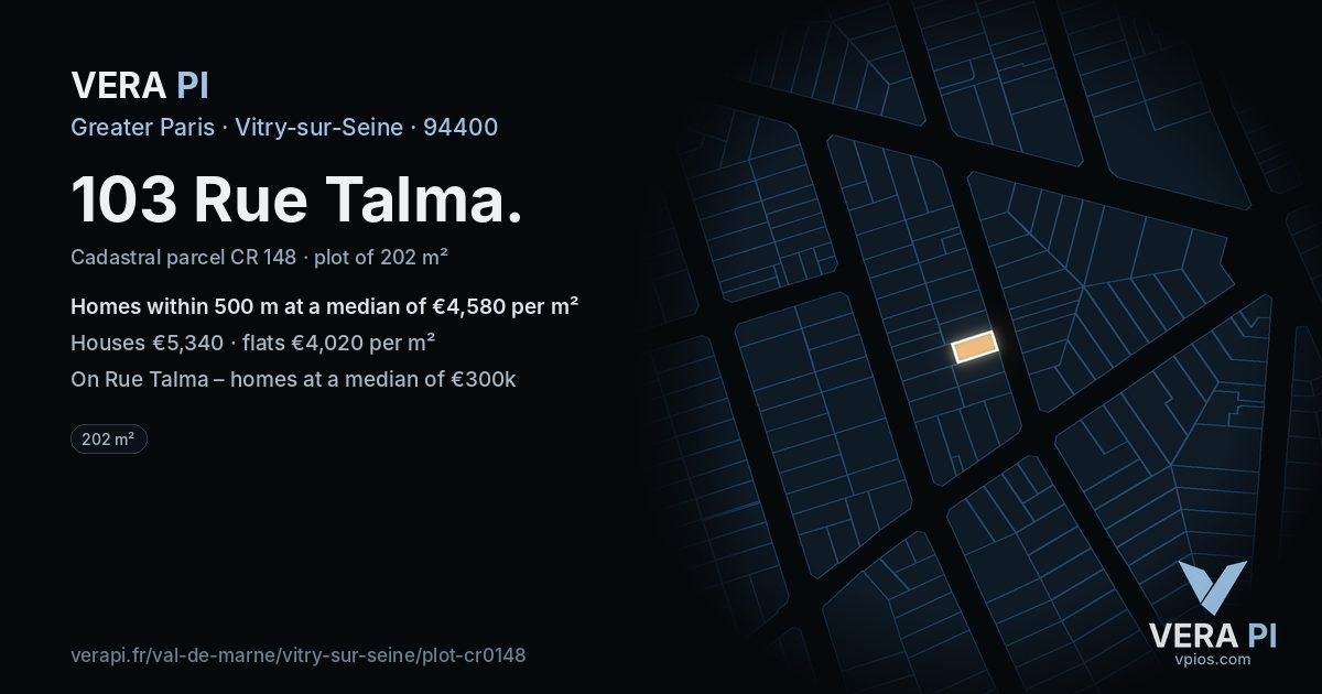 103 Rue Talma, Vitry-sur-Seine at night – the plot lit, the parcels around coloured by the prices near them