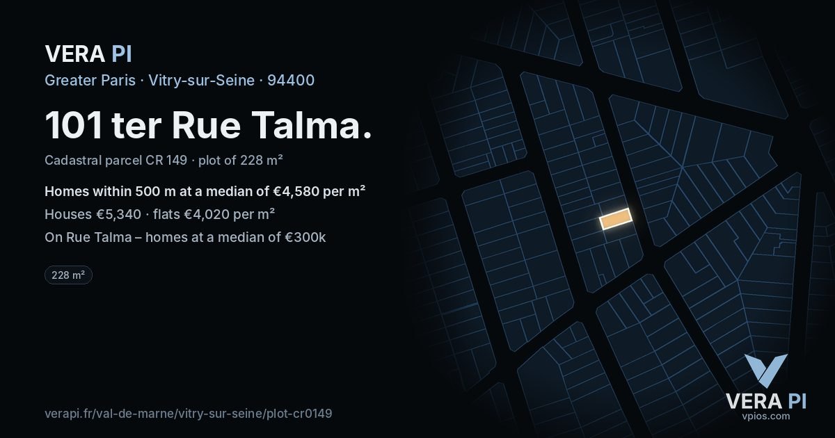 101 ter Rue Talma, Vitry-sur-Seine at night – the plot lit, the parcels around coloured by the prices near them