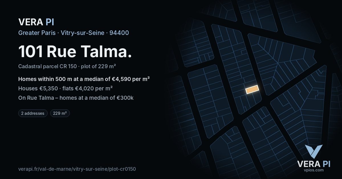 101 Rue Talma, Vitry-sur-Seine at night – the plot lit, the parcels around coloured by the prices near them