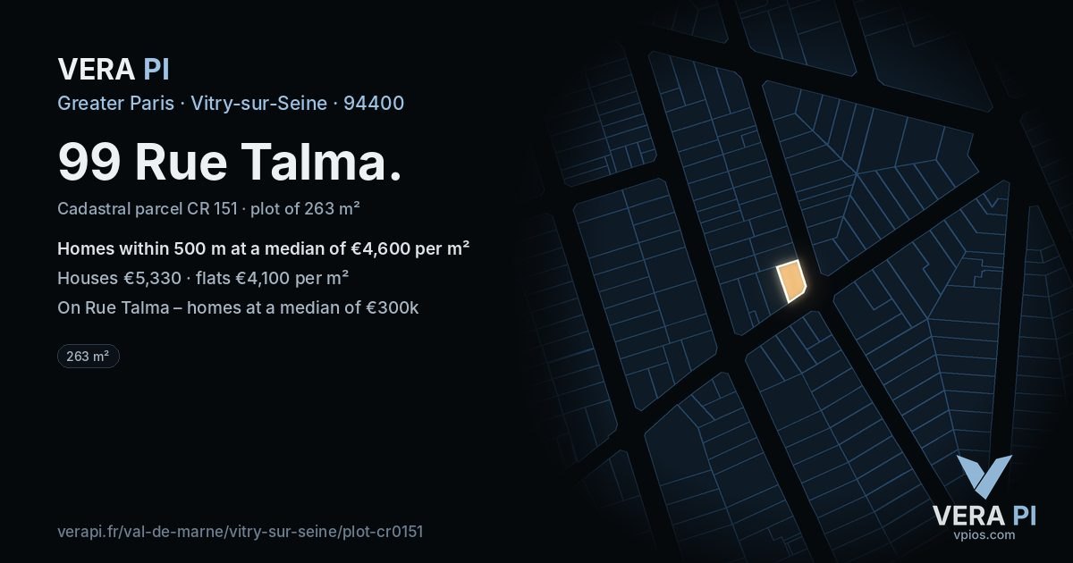 99 Rue Talma, Vitry-sur-Seine at night – the plot lit, the parcels around coloured by the prices near them