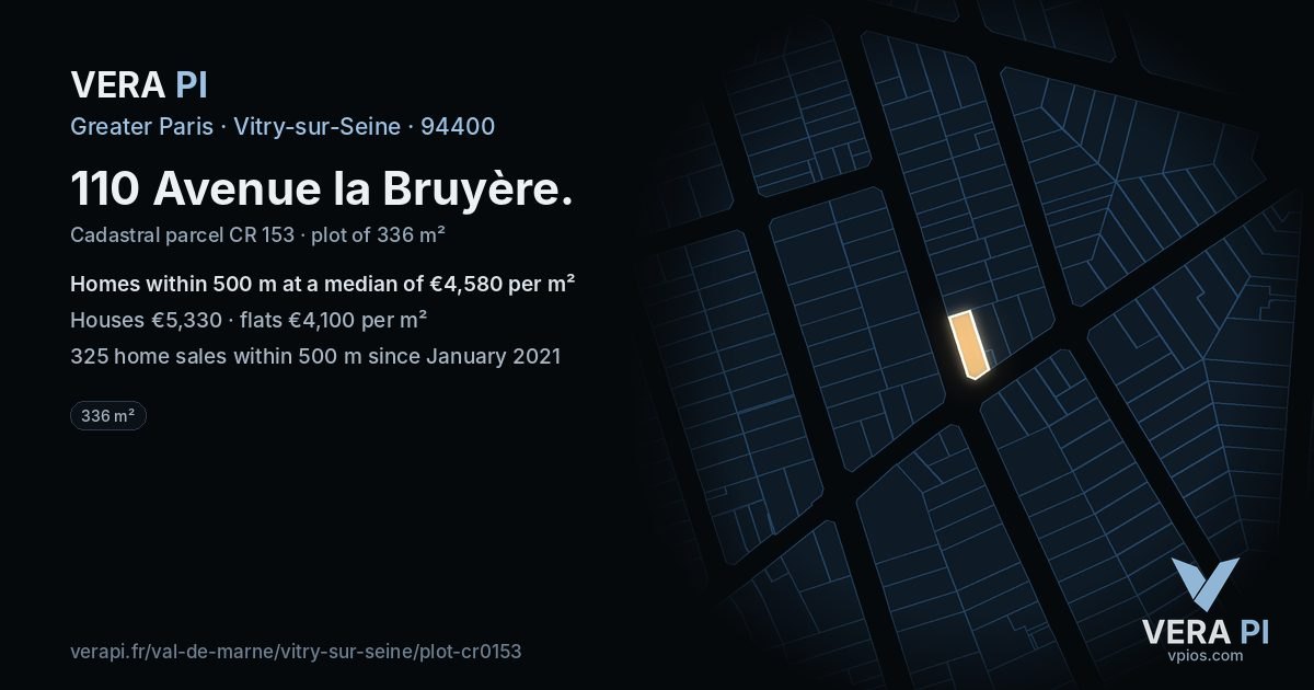 110 Avenue la Bruyère, Vitry-sur-Seine at night – the plot lit, the parcels around coloured by the prices near them
