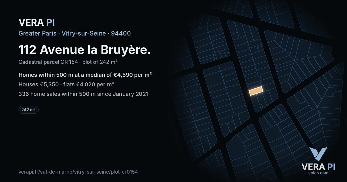 112 Avenue la Bruyère, Vitry-sur-Seine at night – the plot lit, the parcels around coloured by the prices near them