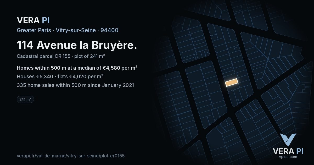 114 Avenue la Bruyère, Vitry-sur-Seine at night – the plot lit, the parcels around coloured by the prices near them