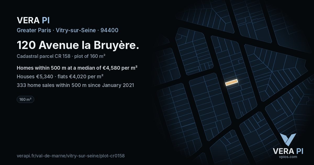 120 Avenue la Bruyère, Vitry-sur-Seine at night – the plot lit, the parcels around coloured by the prices near them