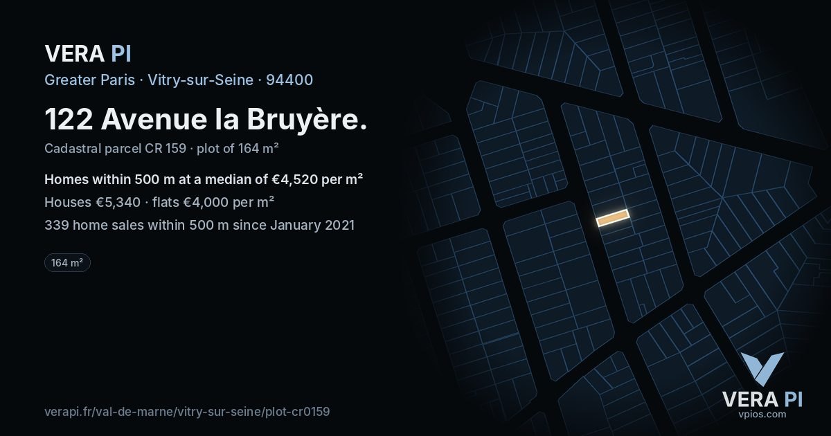 122 Avenue la Bruyère, Vitry-sur-Seine at night – the plot lit, the parcels around coloured by the prices near them
