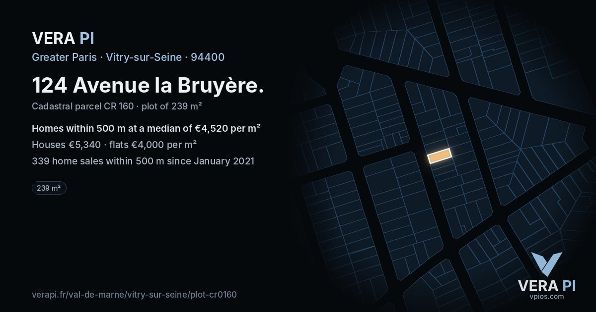 124 Avenue la Bruyère, Vitry-sur-Seine at night – the plot lit, the parcels around coloured by the prices near them