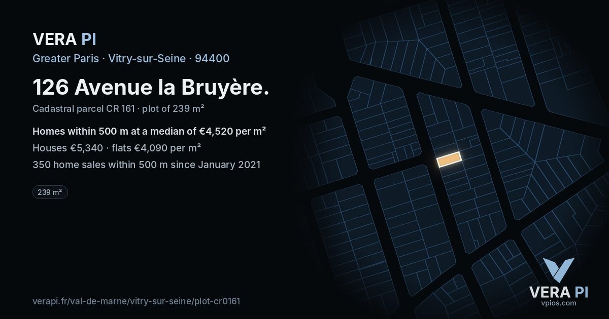 126 Avenue la Bruyère, Vitry-sur-Seine at night – the plot lit, the parcels around coloured by the prices near them