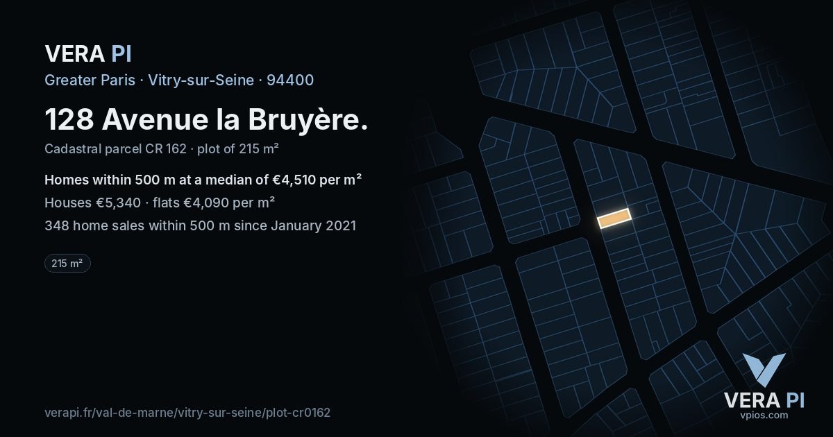 128 Avenue la Bruyère, Vitry-sur-Seine at night – the plot lit, the parcels around coloured by the prices near them