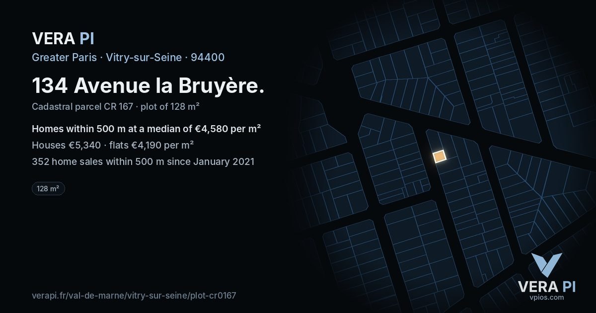 134 Avenue la Bruyère, Vitry-sur-Seine at night – the plot lit, the parcels around coloured by the prices near them