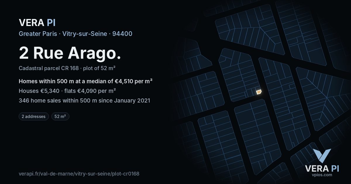 2 Rue Arago, Vitry-sur-Seine at night – the plot lit, the parcels around coloured by the prices near them