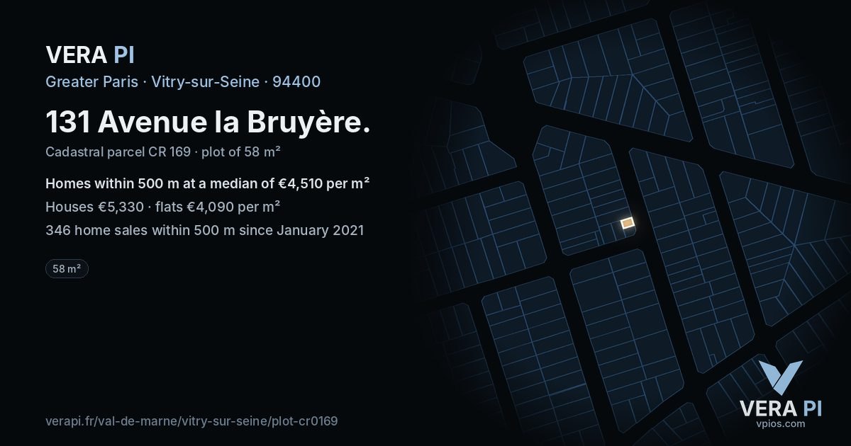 131 Avenue la Bruyère, Vitry-sur-Seine at night – the plot lit, the parcels around coloured by the prices near them
