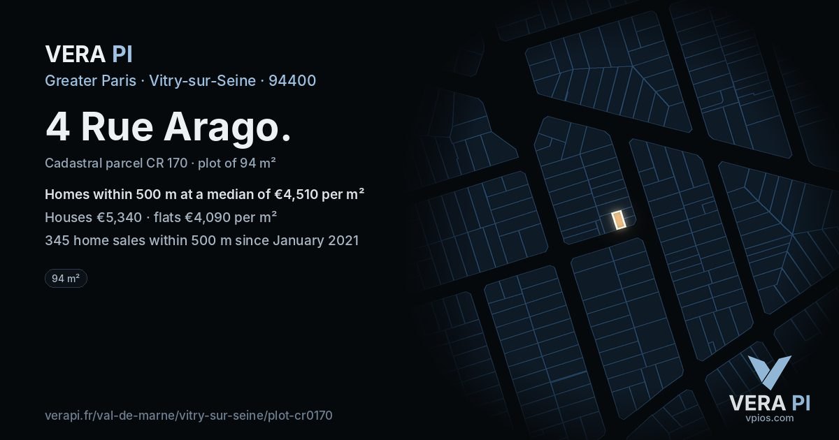 4 Rue Arago, Vitry-sur-Seine at night – the plot lit, the parcels around coloured by the prices near them