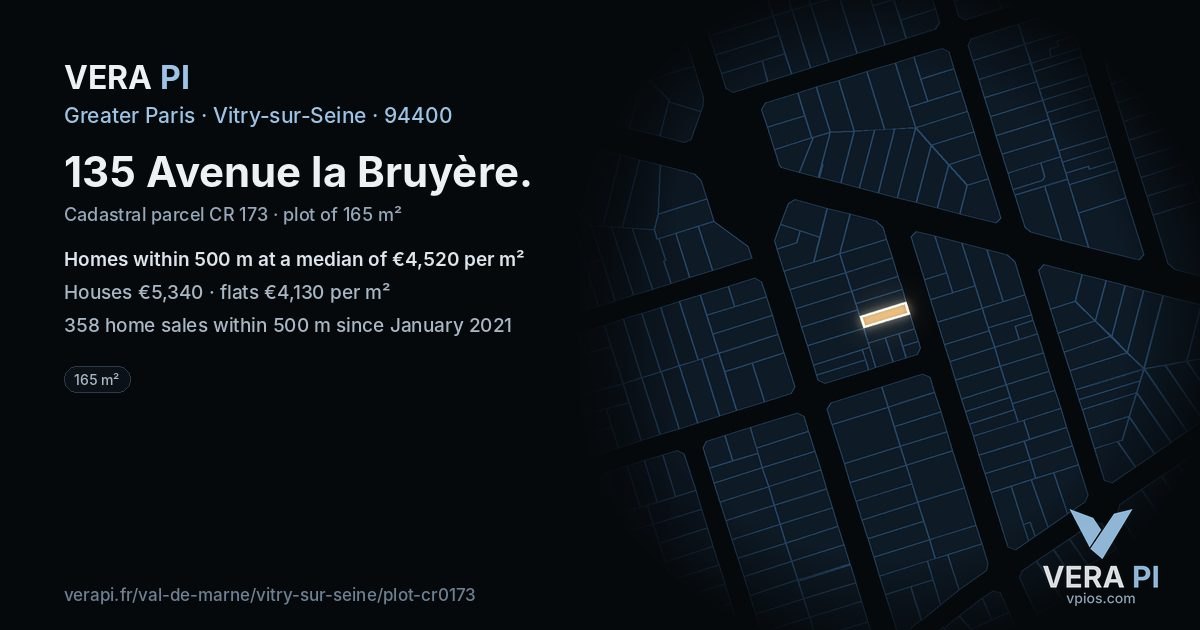 135 Avenue la Bruyère, Vitry-sur-Seine at night – the plot lit, the parcels around coloured by the prices near them