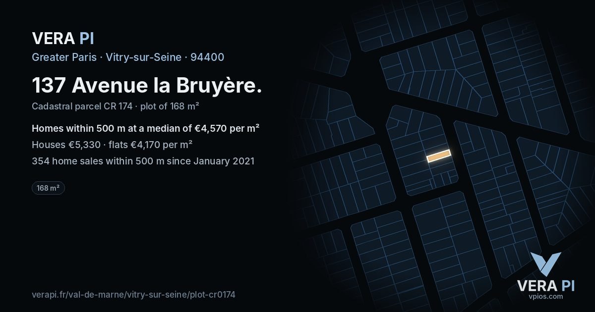 137 Avenue la Bruyère, Vitry-sur-Seine at night – the plot lit, the parcels around coloured by the prices near them