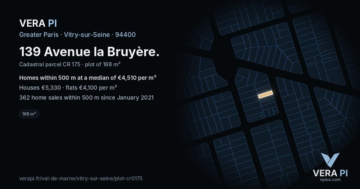 139 Avenue la Bruyère, Vitry-sur-Seine at night – the plot lit, the parcels around coloured by the prices near them