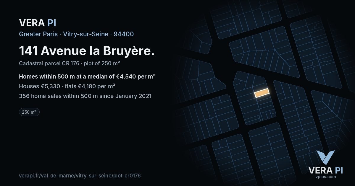 141 Avenue la Bruyère, Vitry-sur-Seine at night – the plot lit, the parcels around coloured by the prices near them