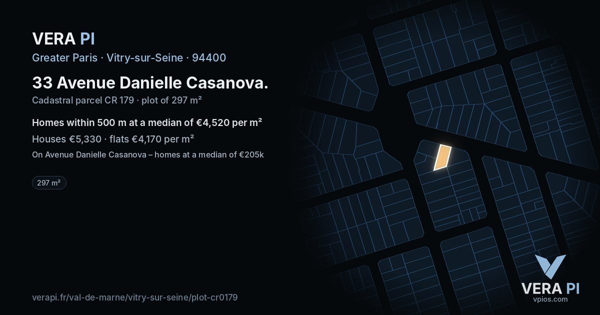 33 Avenue Danielle Casanova, Vitry-sur-Seine at night – the plot lit, the parcels around coloured by the prices near them