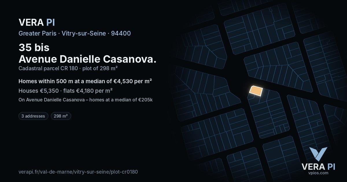 35 bis Avenue Danielle Casanova, Vitry-sur-Seine at night – the plot lit, the parcels around coloured by the prices near them