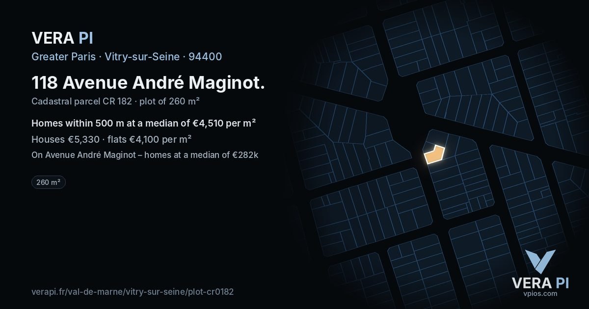 118 Avenue André Maginot, Vitry-sur-Seine at night – the plot lit, the parcels around coloured by the prices near them
