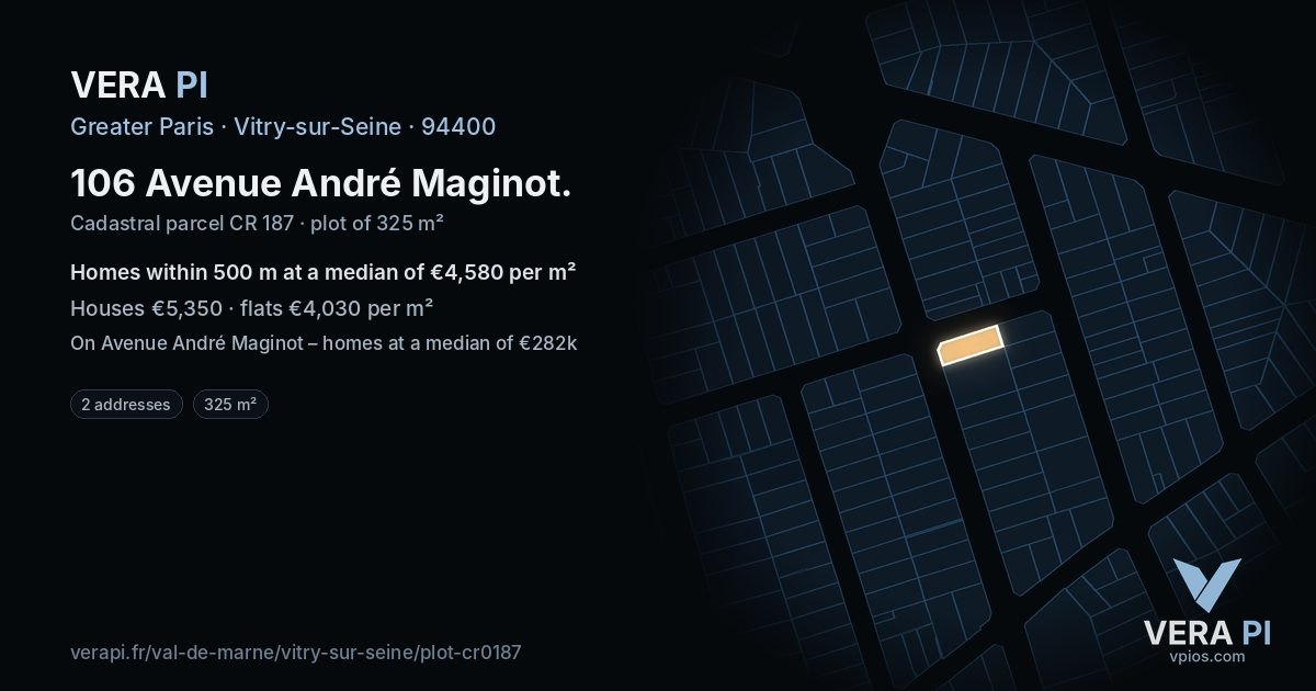 106 Avenue André Maginot, Vitry-sur-Seine at night – the plot lit, the parcels around coloured by the prices near them