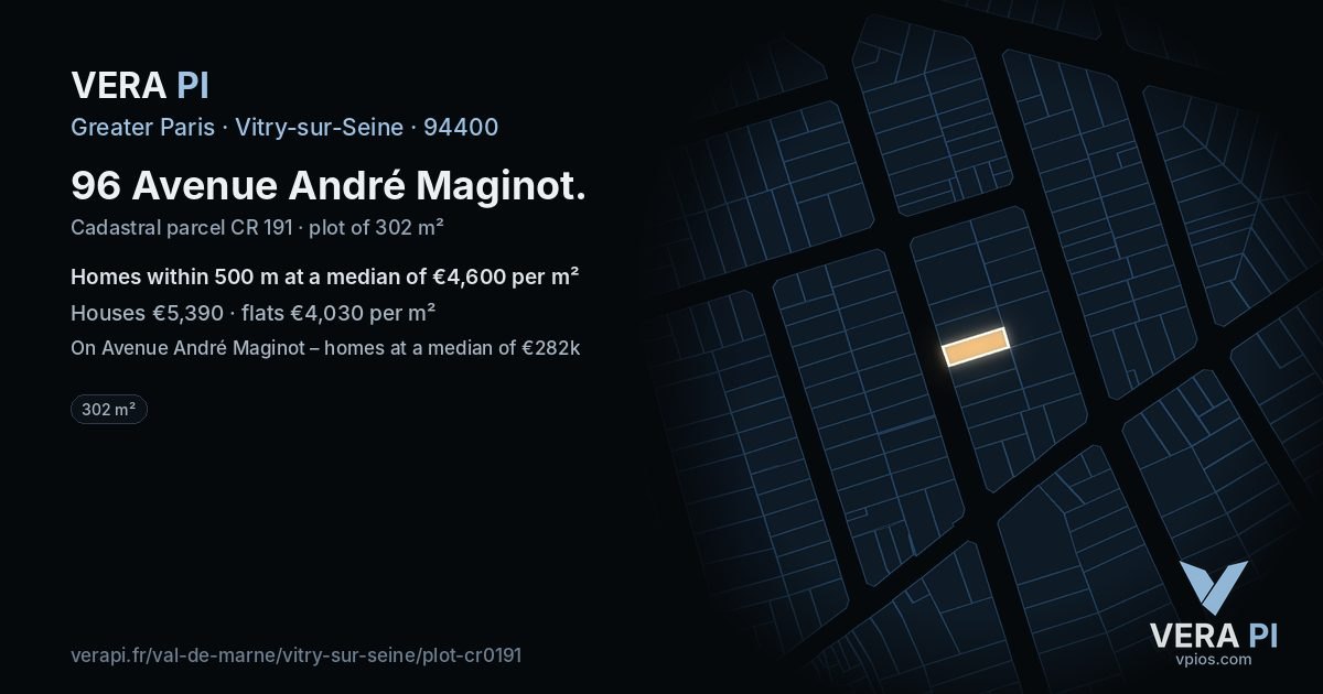 96 Avenue André Maginot, Vitry-sur-Seine at night – the plot lit, the parcels around coloured by the prices near them