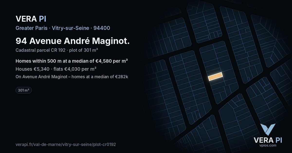 94 Avenue André Maginot, Vitry-sur-Seine at night – the plot lit, the parcels around coloured by the prices near them