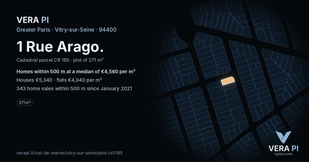 1 Rue Arago, Vitry-sur-Seine at night – the plot lit, the parcels around coloured by the prices near them