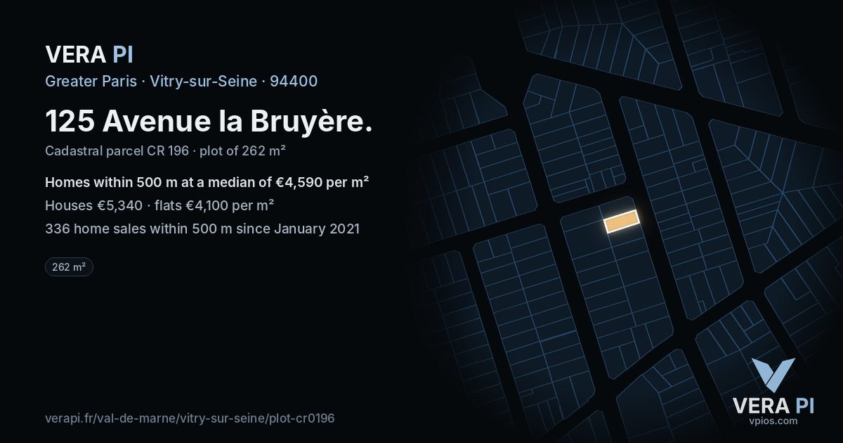 125 Avenue la Bruyère, Vitry-sur-Seine at night – the plot lit, the parcels around coloured by the prices near them