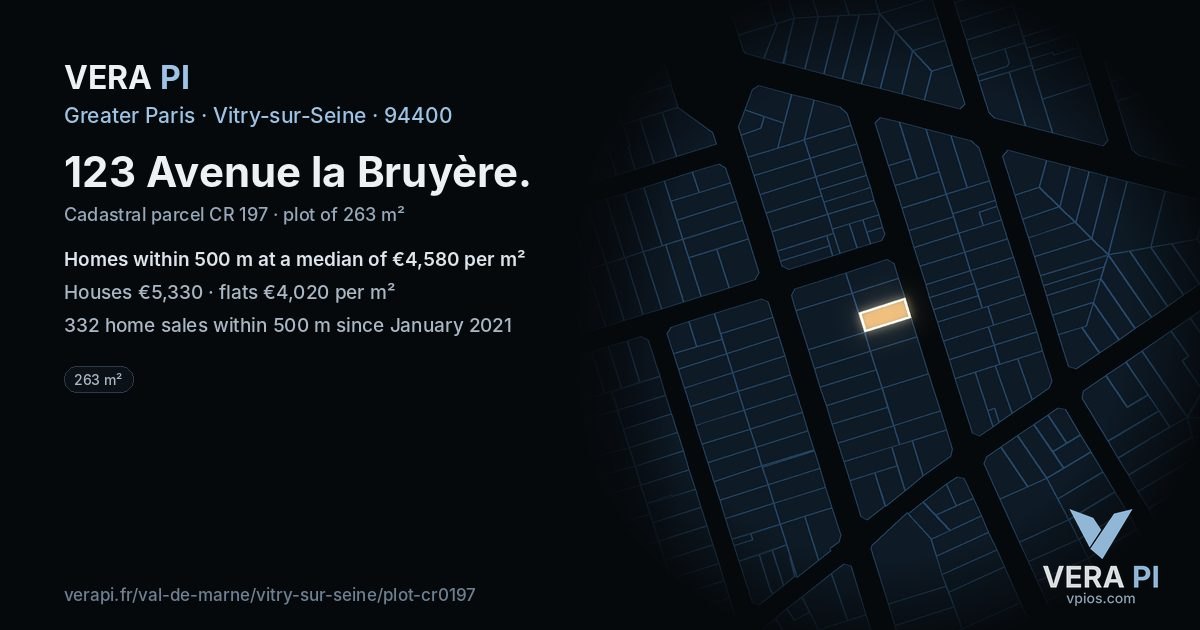 123 Avenue la Bruyère, Vitry-sur-Seine at night – the plot lit, the parcels around coloured by the prices near them