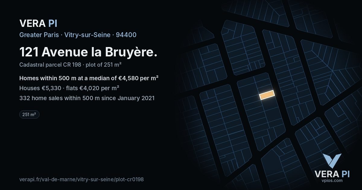 121 Avenue la Bruyère, Vitry-sur-Seine at night – the plot lit, the parcels around coloured by the prices near them
