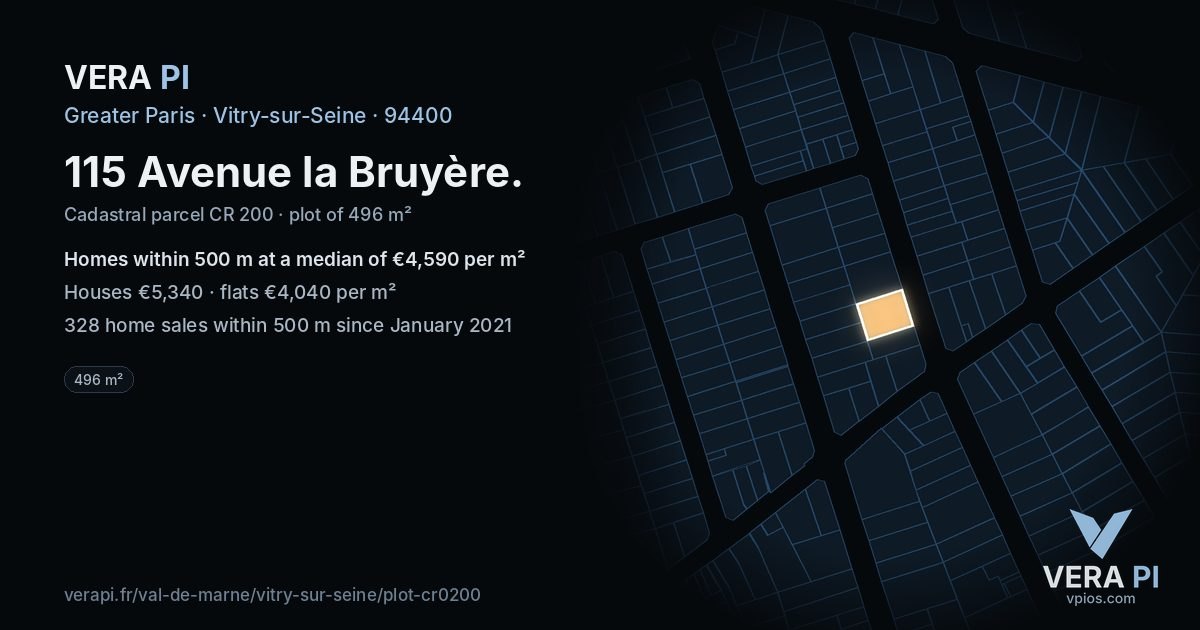 115 Avenue la Bruyère, Vitry-sur-Seine at night – the plot lit, the parcels around coloured by the prices near them