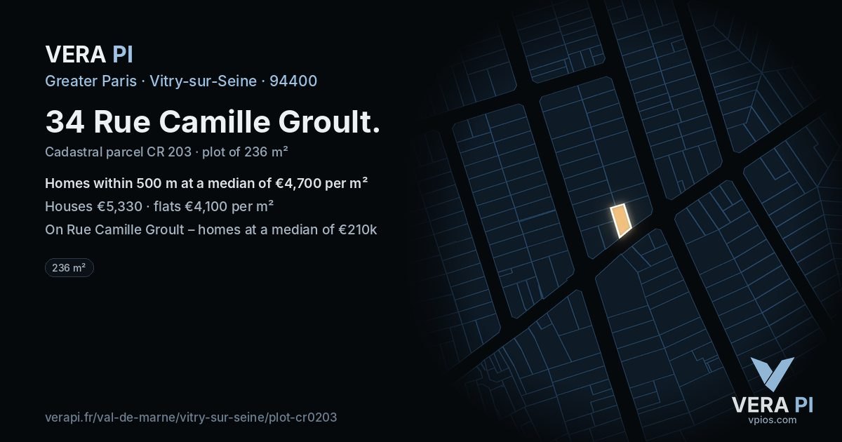 34 Rue Camille Groult, Vitry-sur-Seine at night – the plot lit, the parcels around coloured by the prices near them