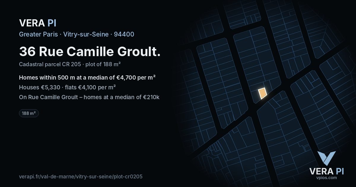36 Rue Camille Groult, Vitry-sur-Seine at night – the plot lit, the parcels around coloured by the prices near them