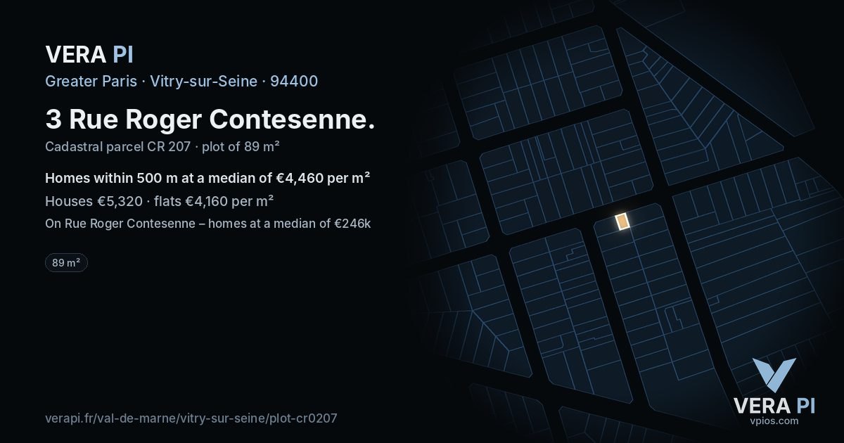 3 Rue Roger Contesenne, Vitry-sur-Seine at night – the plot lit, the parcels around coloured by the prices near them