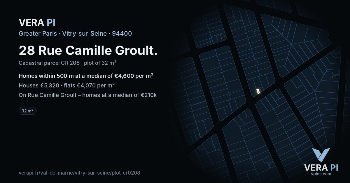 28 Rue Camille Groult, Vitry-sur-Seine at night – the plot lit, the parcels around coloured by the prices near them