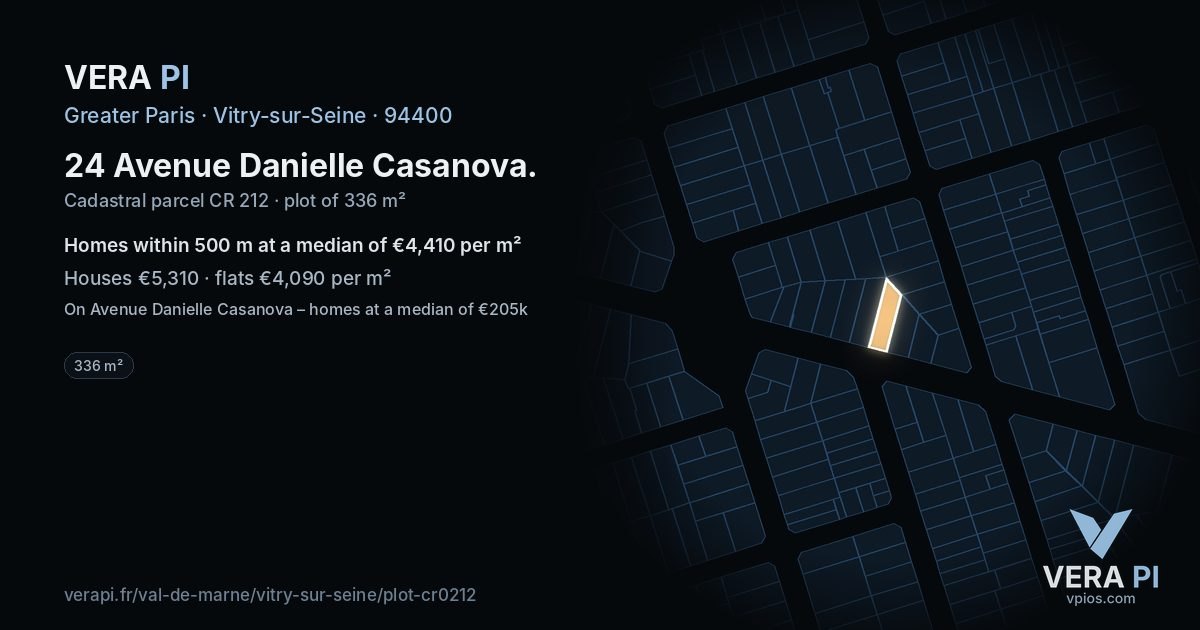 24 Avenue Danielle Casanova, Vitry-sur-Seine at night – the plot lit, the parcels around coloured by the prices near them