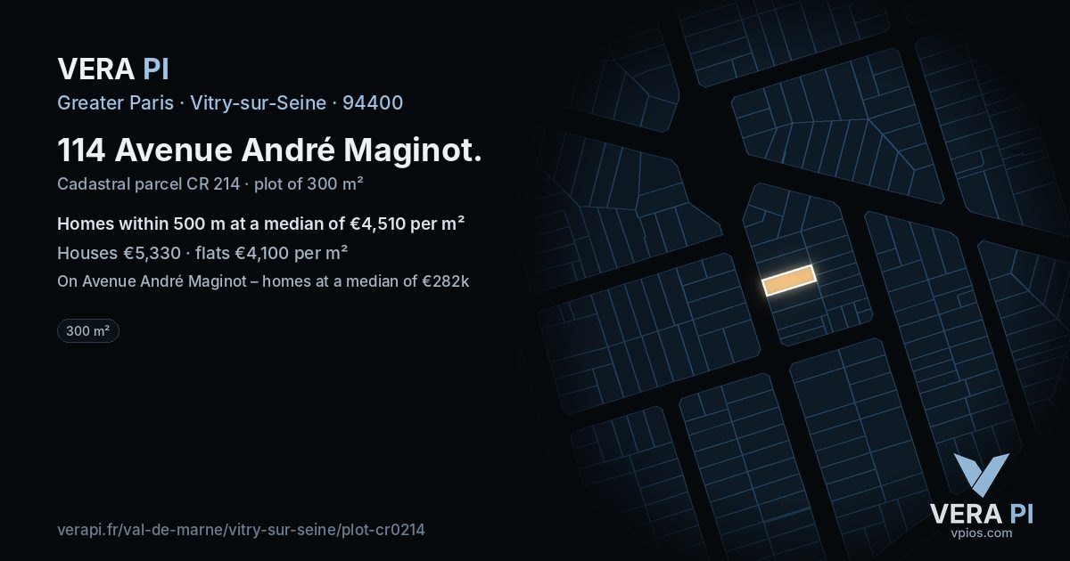 114 Avenue André Maginot, Vitry-sur-Seine at night – the plot lit, the parcels around coloured by the prices near them
