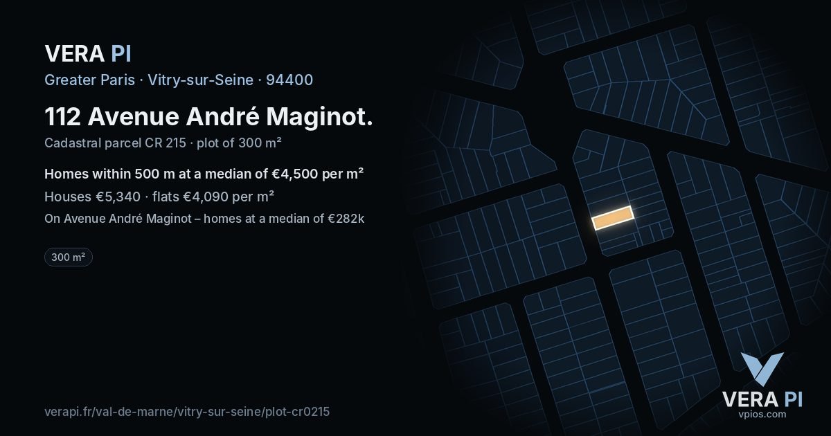 112 Avenue André Maginot, Vitry-sur-Seine at night – the plot lit, the parcels around coloured by the prices near them