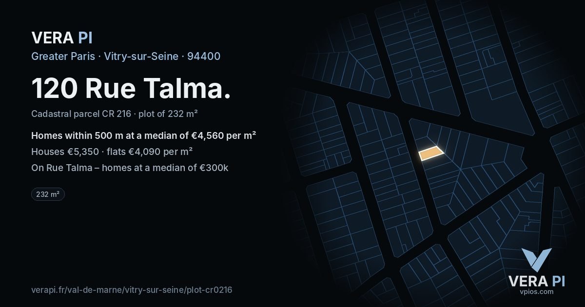 120 Rue Talma, Vitry-sur-Seine at night – the plot lit, the parcels around coloured by the prices near them