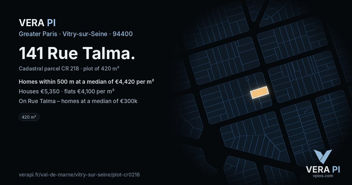 141 Rue Talma, Vitry-sur-Seine at night – the plot lit, the parcels around coloured by the prices near them